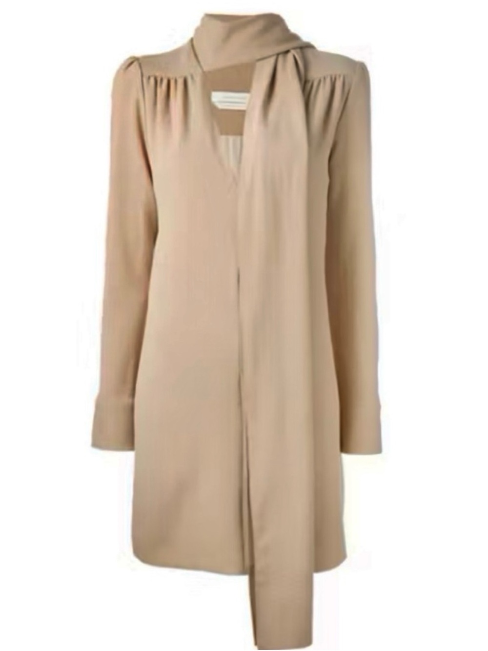 See By Chloé Tie-Neck Scarf Beige Nude Long-Sleeve Shift Mini Dress Size 40/US 8